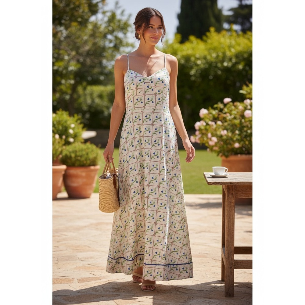 Joie Womens Linen Blend Floral Grid Maxi Dress Cream Blue Red Size 12 NWT